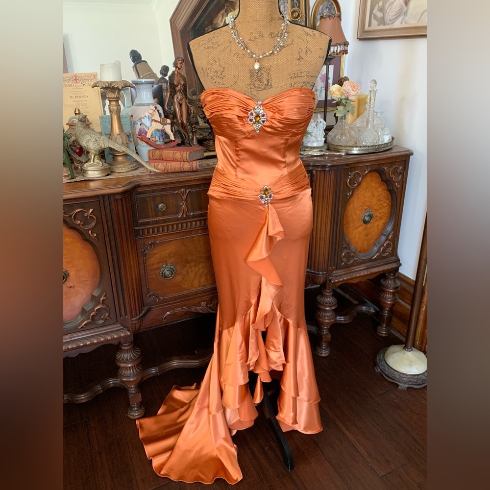 Vintage 30's-inspired Sultry Copper Satin Beaded Prom New Year's Eve Gown Dress